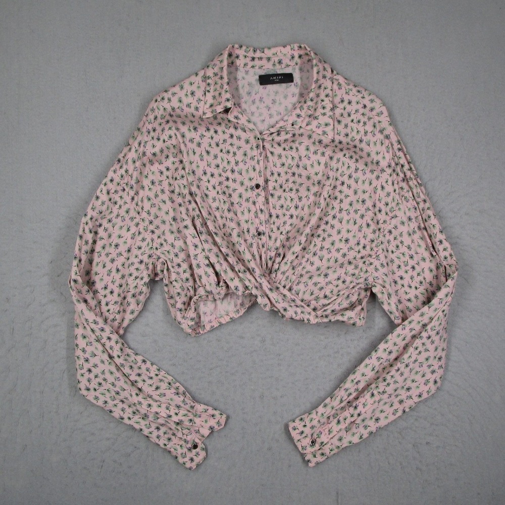 AMIRI Pink Floral Twisted Front Crop Long Sleeve Button Down Blouse Small Silk